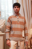 Maglia polo da uomo di Amaranto in lana fantasia stripes beige e grigio