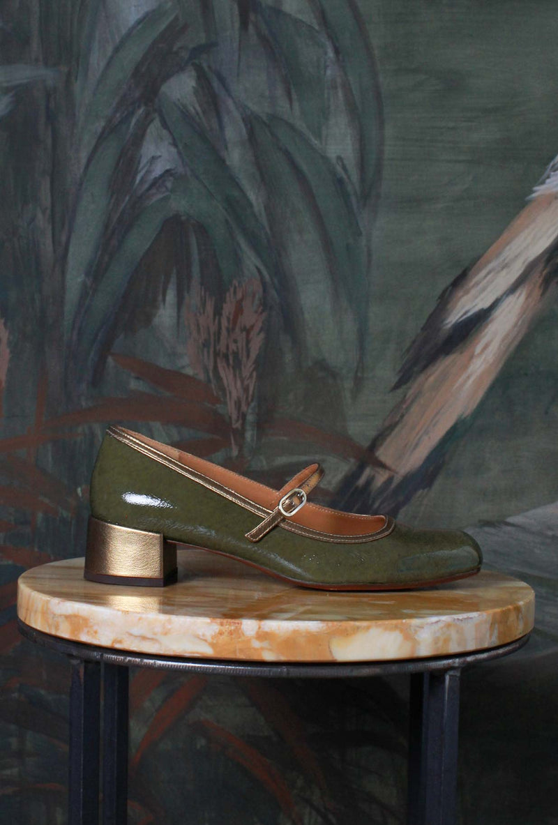 Chie Mihara Reni Day to Night Luminosa  morbida pelle vernice Olive Laminated Gold