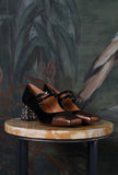 Chie Mihara Retrò Chic Décolleté Volcano Mary Jane Pelle scintillante Black Snake Diamond Retrò eleganza bonton 