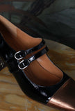Chie Mihara Retrò Chic Décolleté Volcano Mary Jane Pelle scintillante Black Snake Diamond Retrò eleganza bonton 
