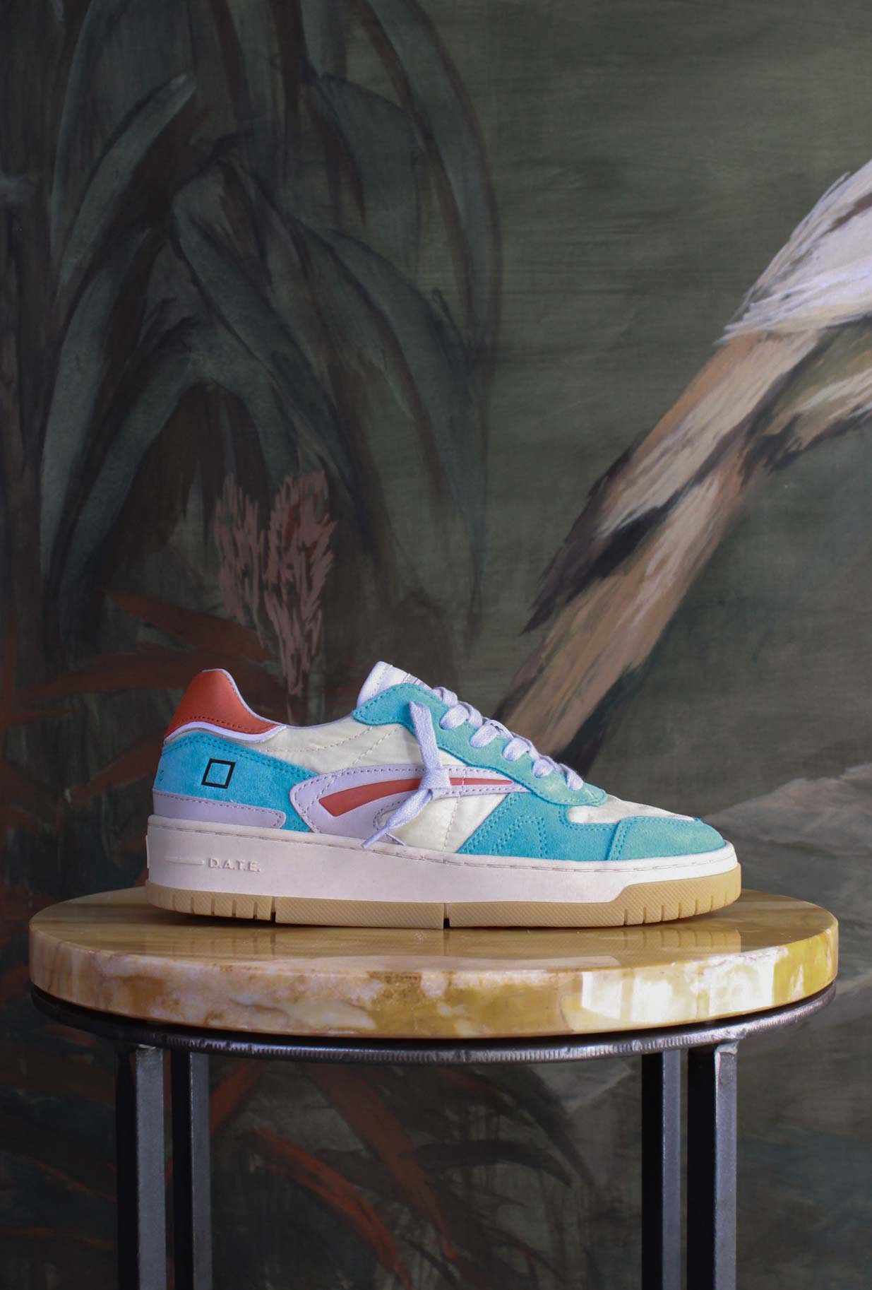 Nuova sneakers toneo di date da donna in nylon vintage mood e pelle azzurra estate 25