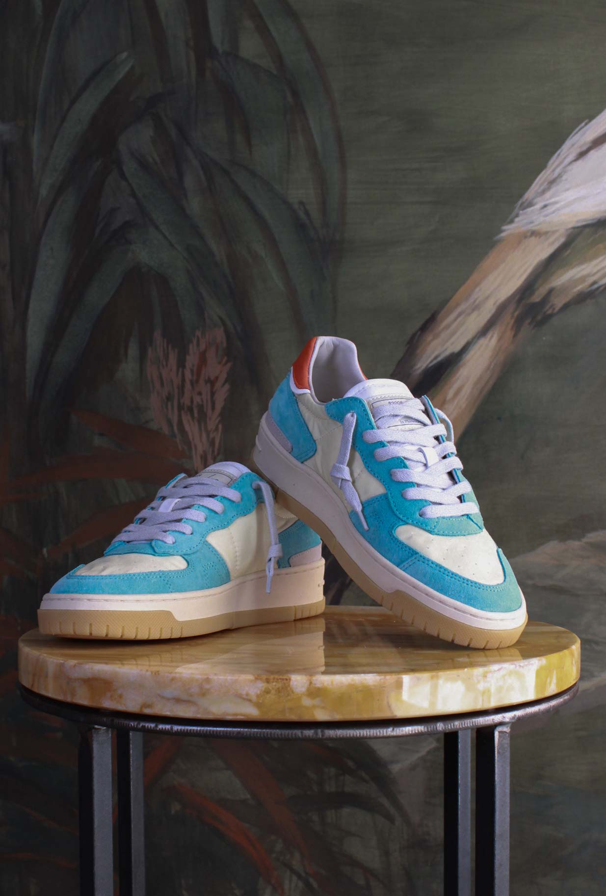 Nuova sneakers toneo di date da donna in nylon vintage mood e pelle azzurra estate 25