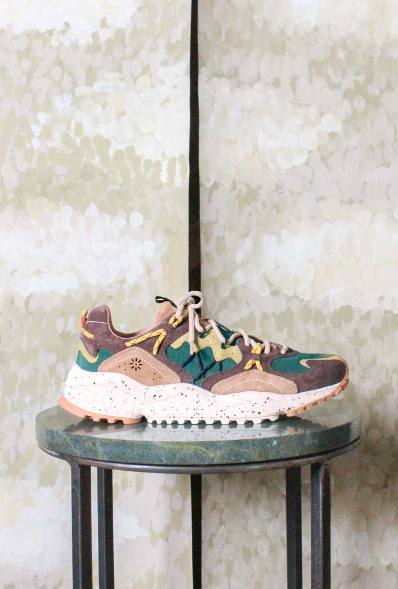 Sneaker trekking/running Flower Mountain Yamabushi Man versione Suede-Nylon  tonalità Dark Brown-Green Bottle-Zucca