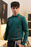 Maglia polo in lana stile 70s del brand Gallia Knitwear color verde bottiglia con righe verticali ruggine