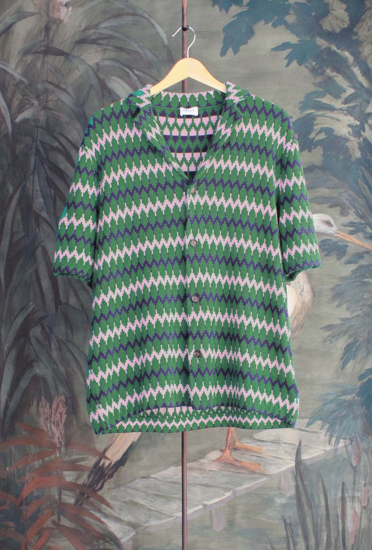 Cardigan Bowling Kareem di Gallia realizzato in pregiata spugna di cotone motivo Optical nei vivaci toni del Green-Pink da Uomo