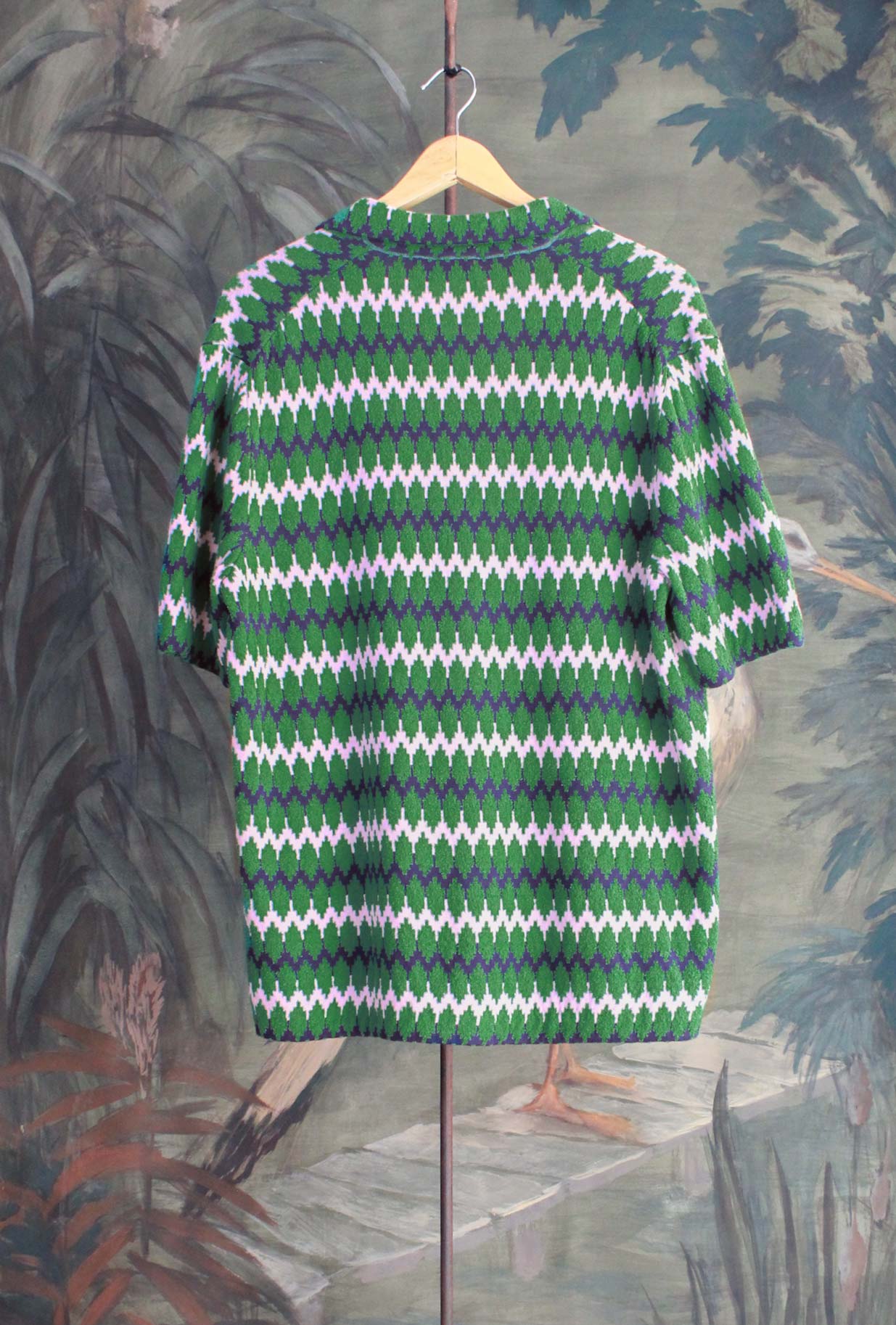 Cardigan Bowling Kareem di Gallia realizzato in pregiata spugna di cotone motivo Optical nei vivaci toni del Green-Pink da Uomo
