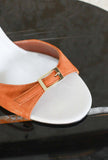 sandalo open toe con tacco clessidra scultura in suede color tangerine by gianpaolo viozzi