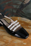 slingback di greige little bow in pelle di vernice black & white