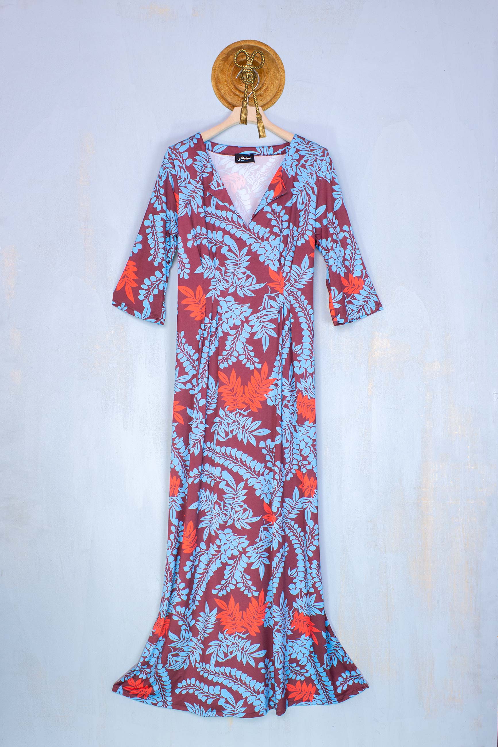 Justmine abito donna PE23 abito kaftano lungo jersey con stampa tropical turquoise