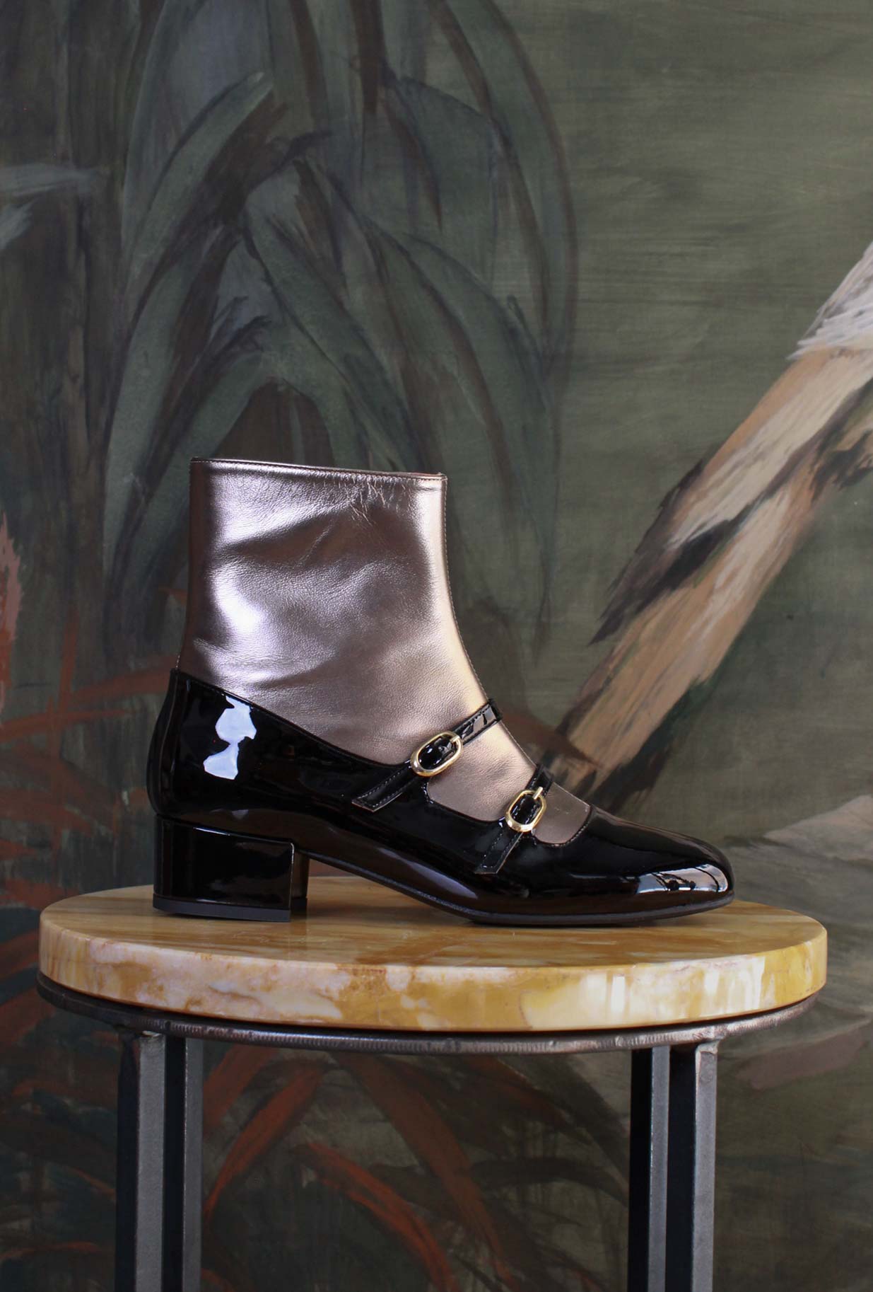 La Belle Stivaletto New-Bebe’ retrò pelle verniciata Black ghetta metallic Gun-Smoke super-femminile 