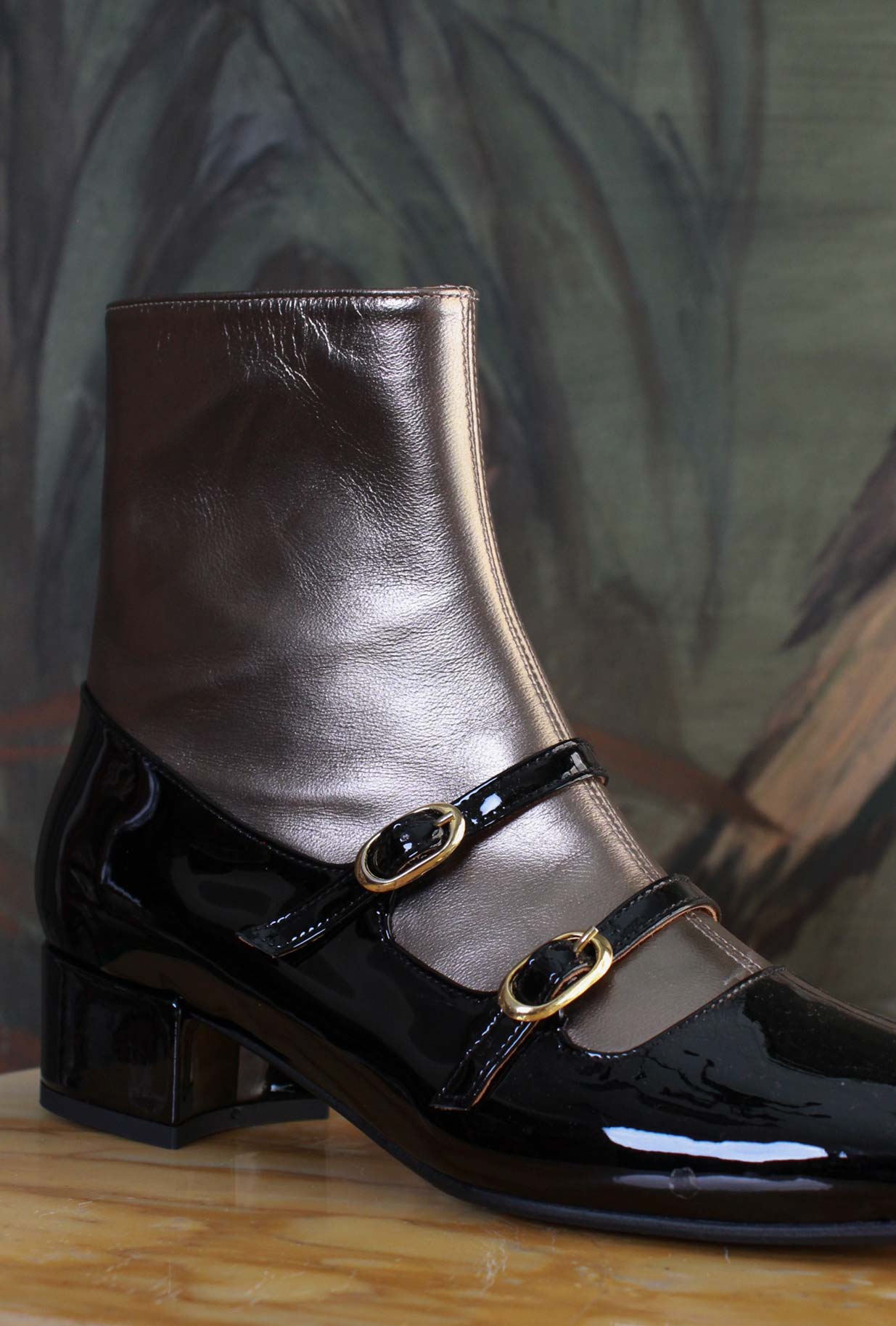 La Belle Stivaletto New-Bebe’ retrò pelle verniciata Black ghetta metallic Gun-Smoke super-femminile 