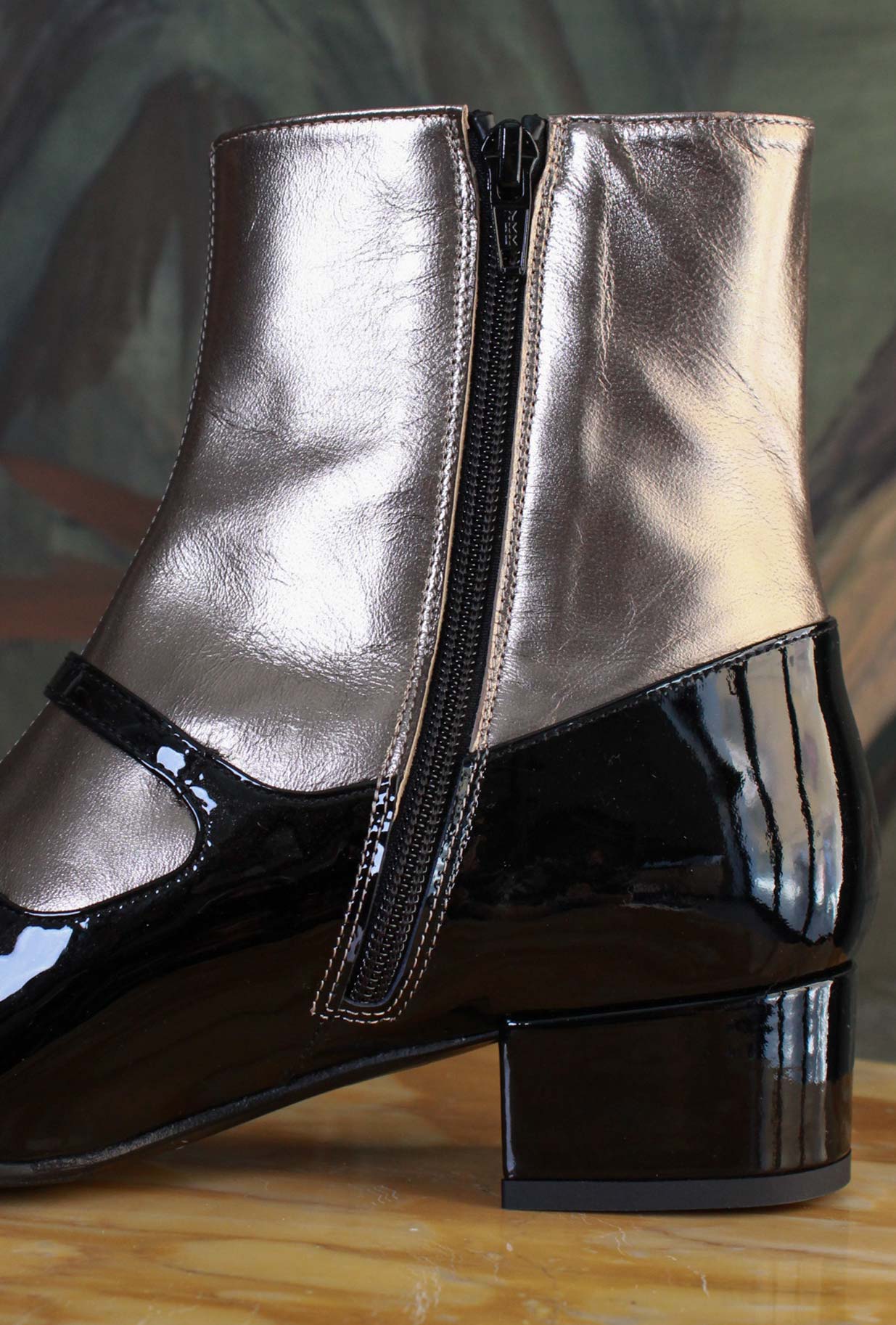 La Belle Stivaletto New-Bebe’ retrò pelle verniciata Black ghetta metallic Gun-Smoke super-femminile 