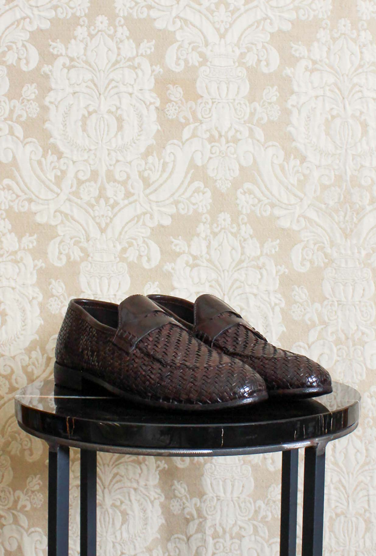 mocassino penny da uomo in pelle intrecciata della maison lemargo color ebano fatto a mano