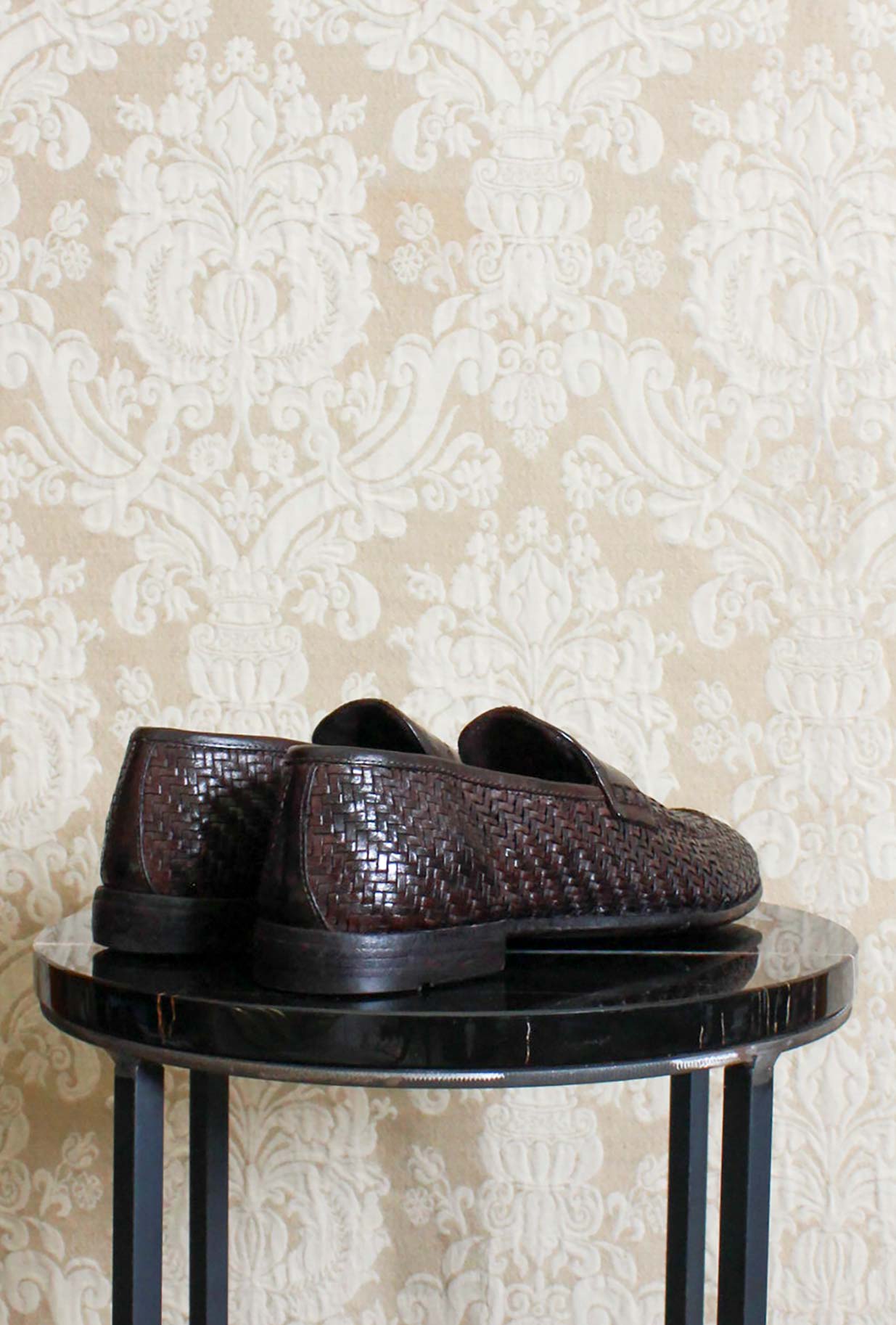 mocassino penny da uomo in pelle intrecciata della maison lemargo color ebano fatto a mano