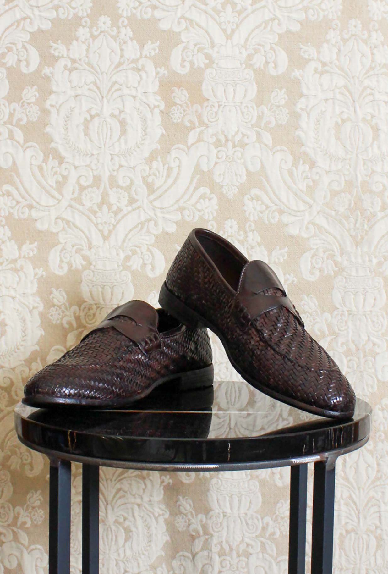 mocassino penny da uomo in pelle intrecciata della maison lemargo color ebano fatto a mano