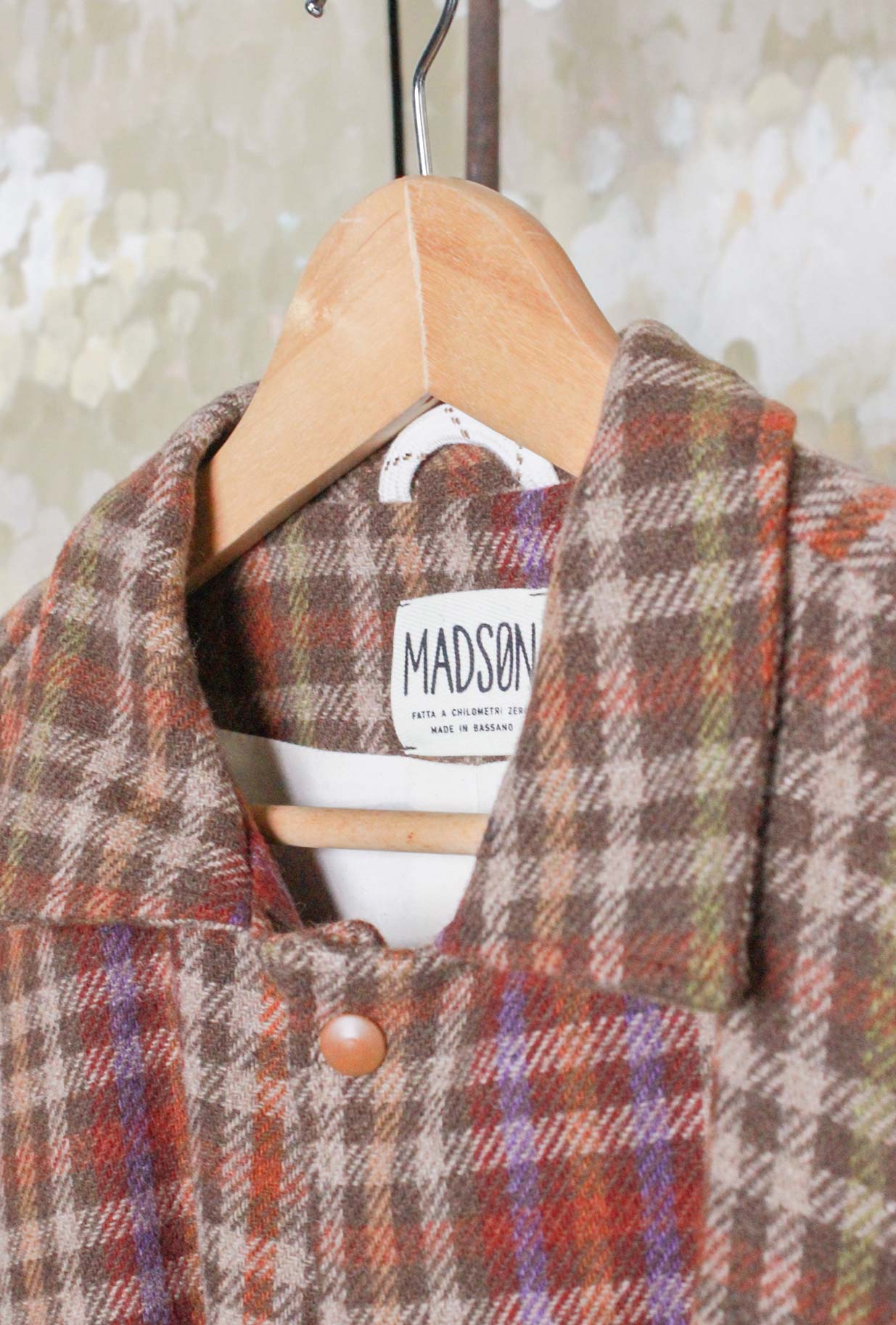 Shirt Jacket Galata di Madson KM 0 realizzata in morbida lana motivo Patchwork Burgundy da Uomo