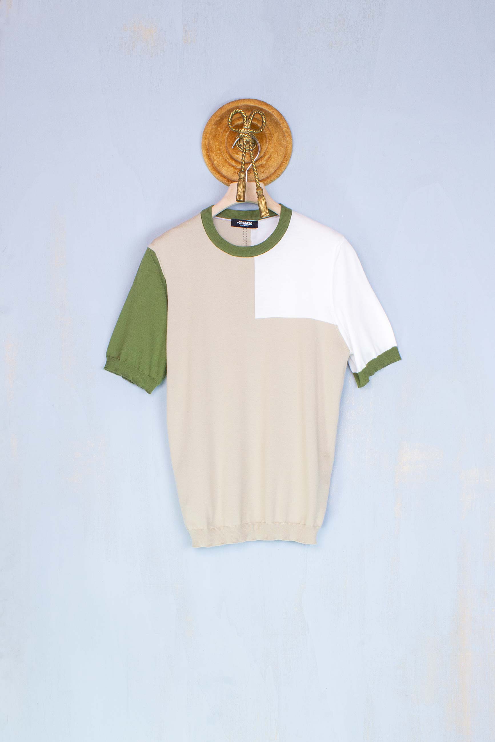 '+39 Masq Knitwear Uomo Maglia Girocollo Manica Corta Color Block Military