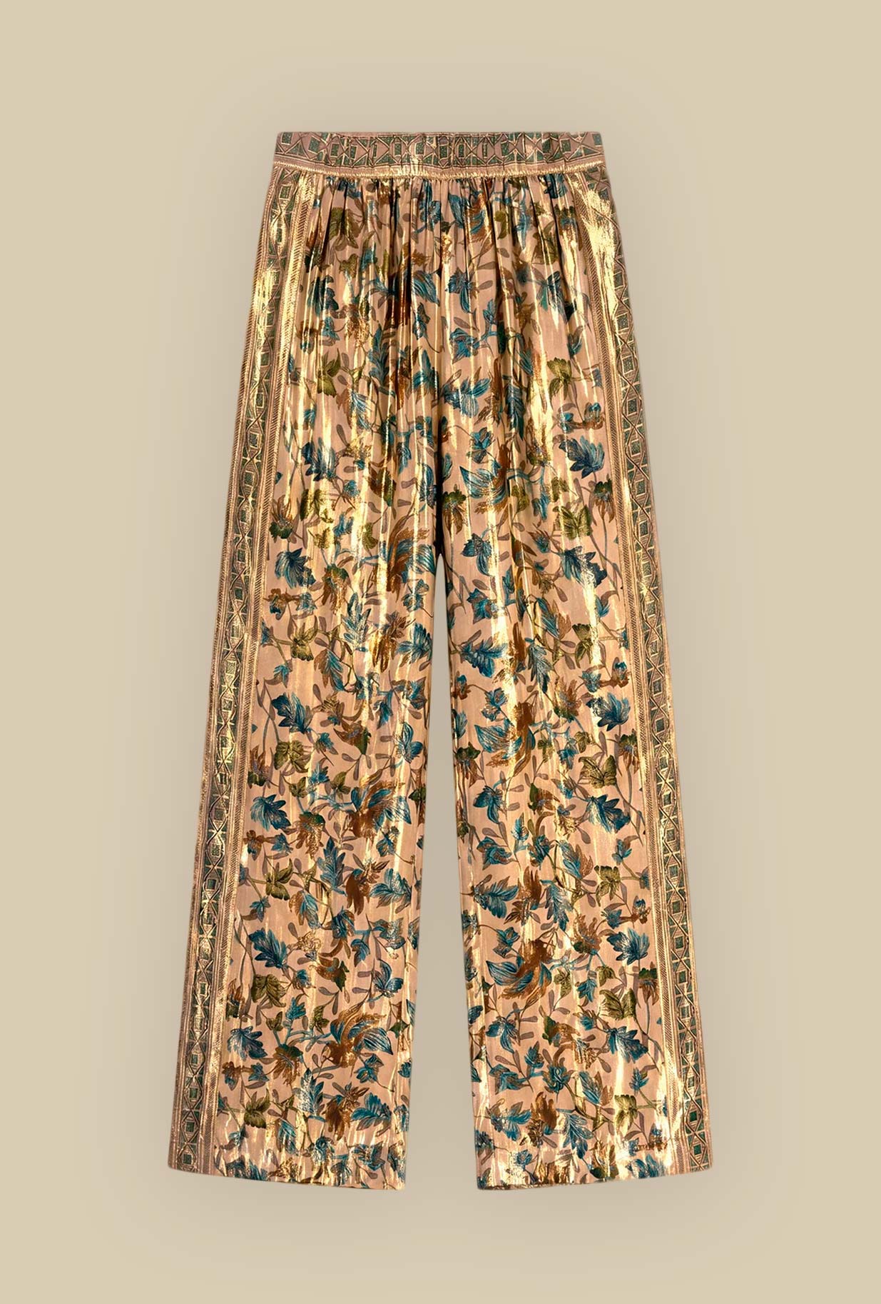 Pantalone Gianni firmato Mes Demoiselles Paris realizzato in viscosa nella luminosa fantasia Golden Garden da Donna