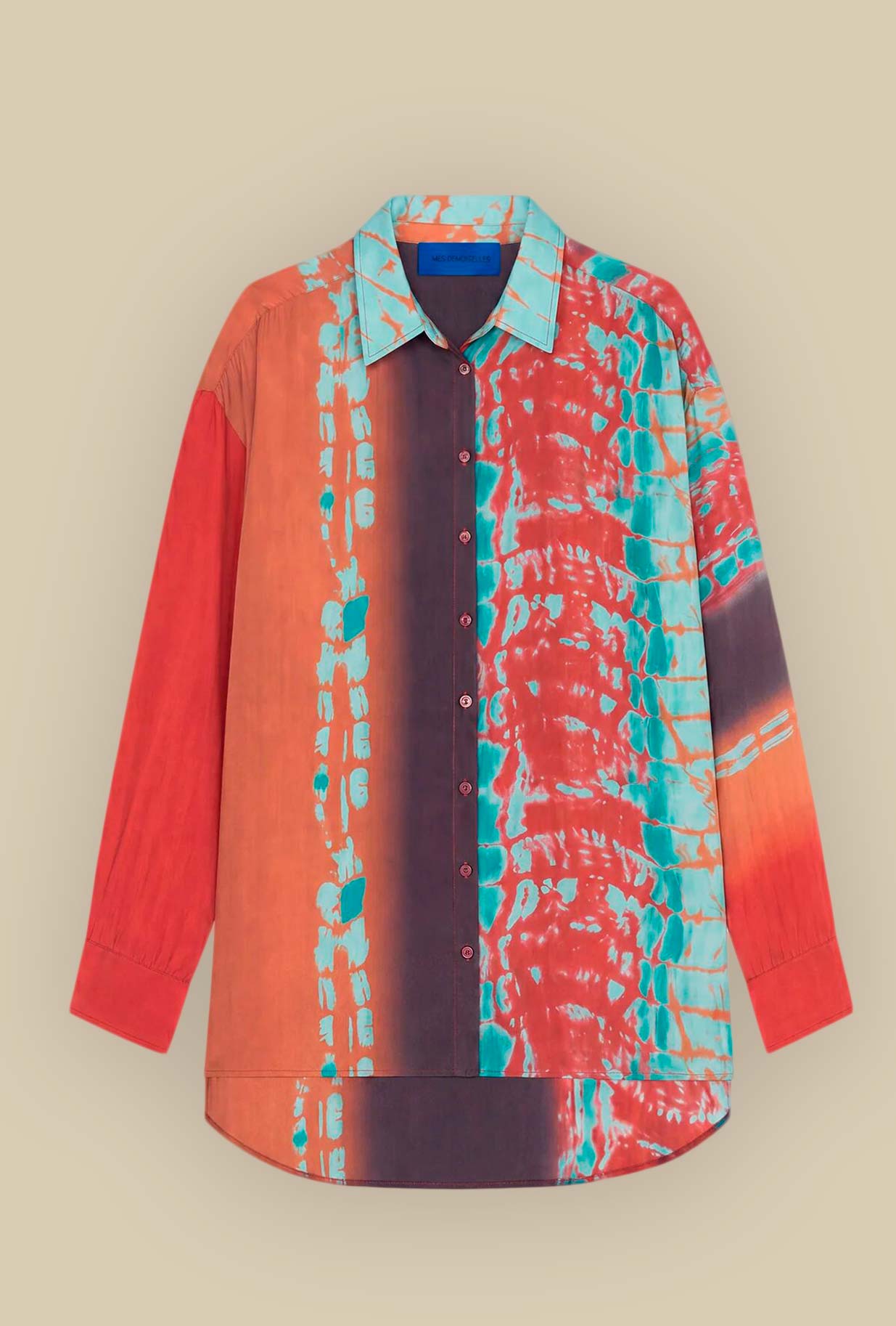 Plis Over-Shirt di Mes Demoiselles Paris realizzata in morbida e leggera seta nel vivace motivo Psychedelic Sunrise da Donna