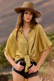 Over-Shirt Shiny firmata Mes Demoiselles Paris realizzata in viscosa leggera nella luminosa tonalità Gold Khaki da Donna