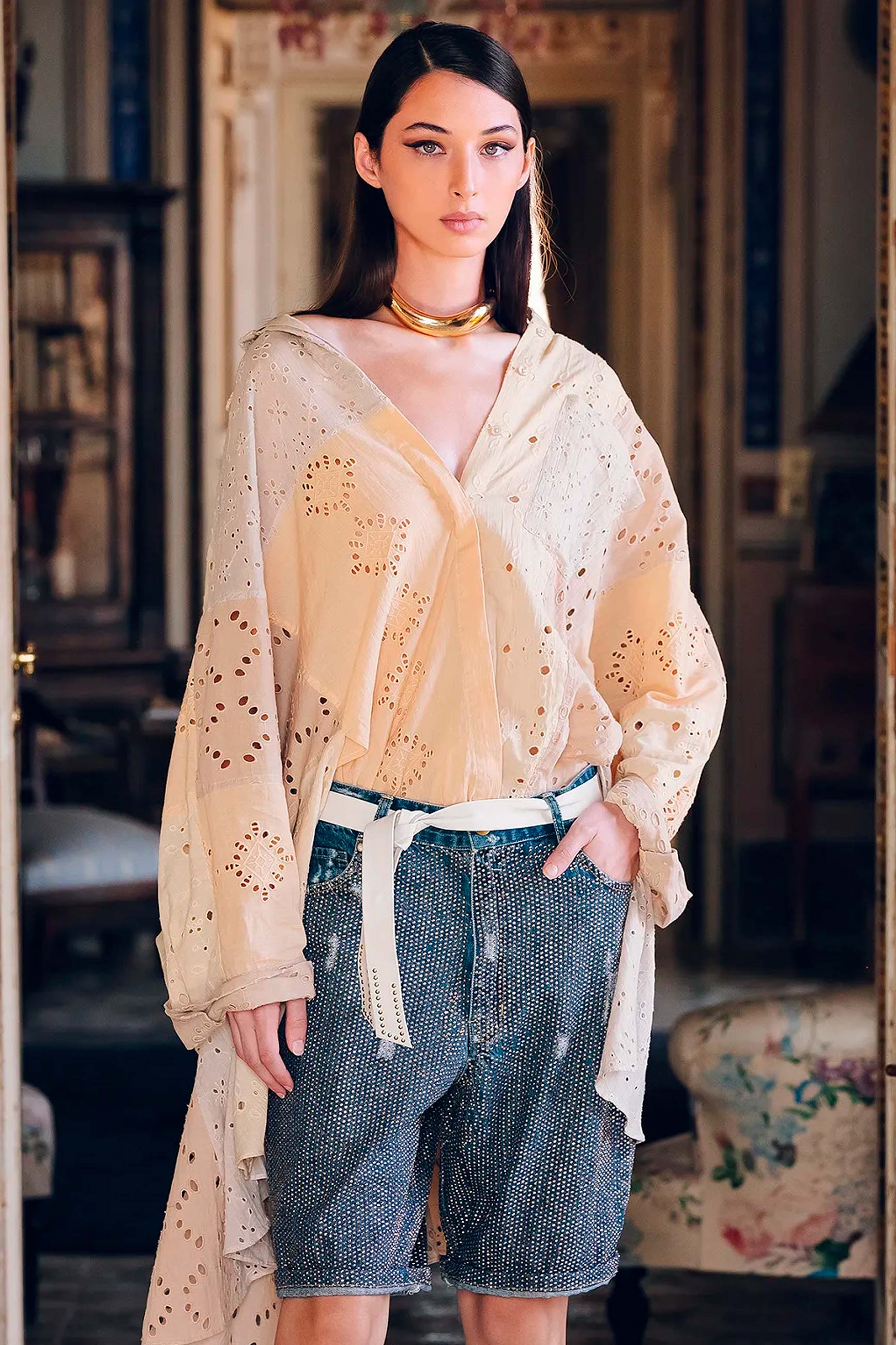 Camicia over patchwork in cotone san gallo di mes demoiselles paris modello pishirt