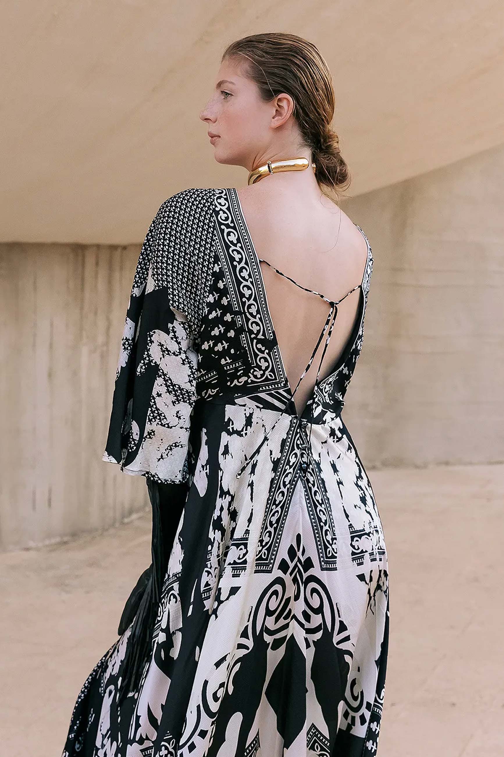 Abito lungo boho style in viscosa di mes demoiselles paris patchwork black and white