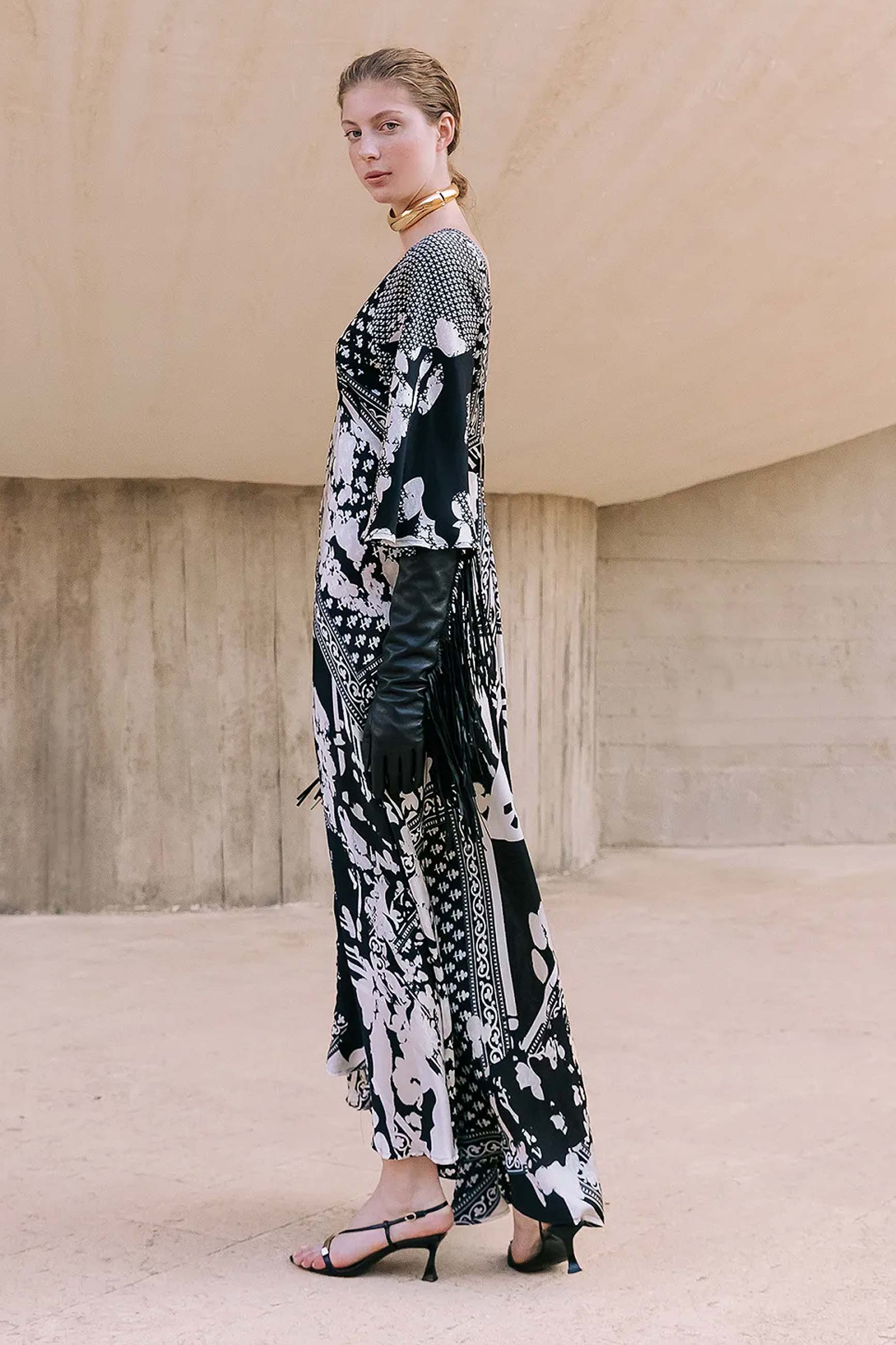 Abito lungo boho style in viscosa di mes demoiselles paris patchwork black and white
