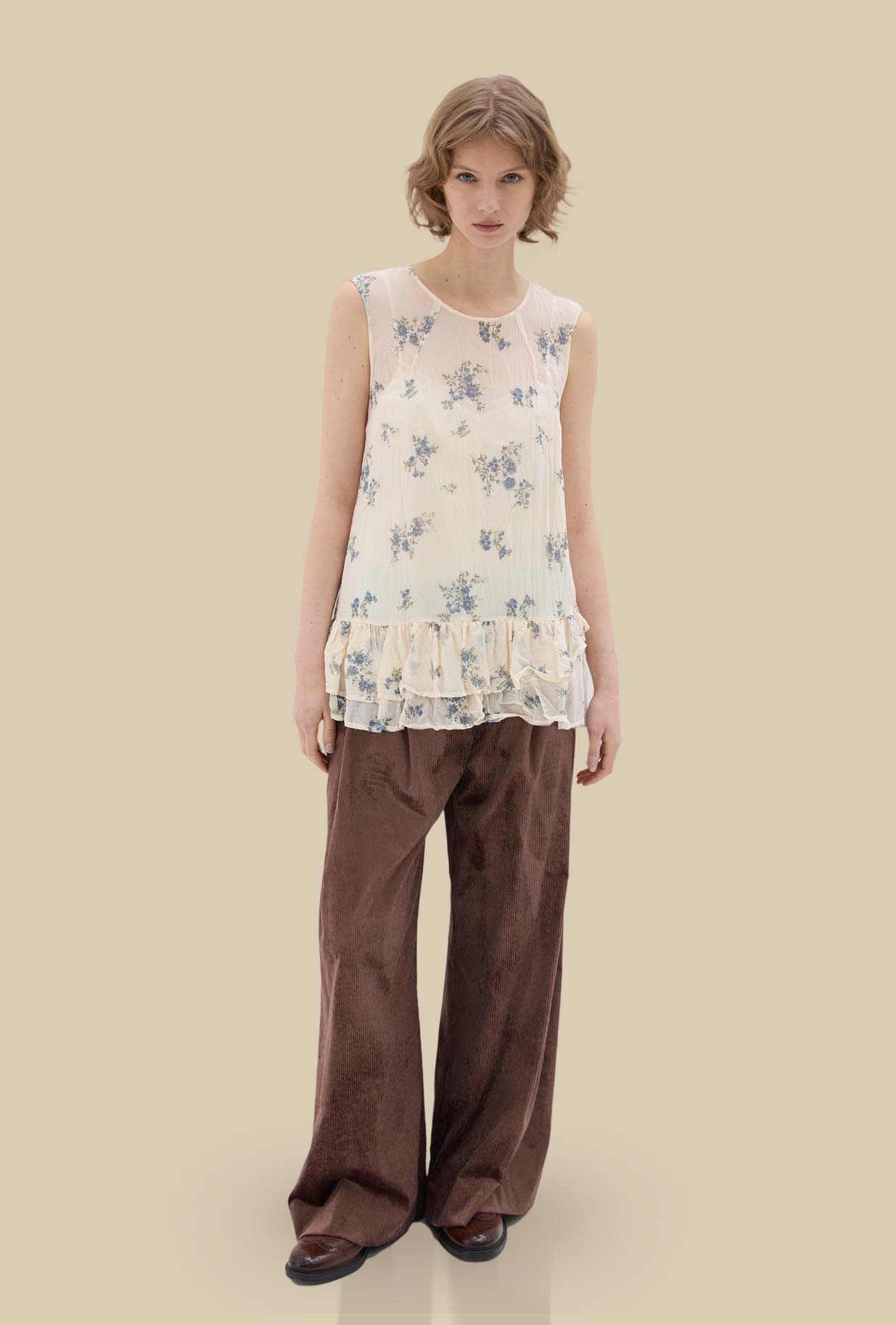 Ironed Pleated Top in Organza Sky Bouquet