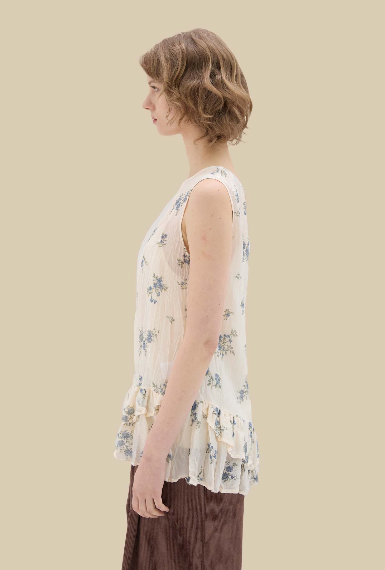 Ironed Pleated Top in Organza Sky Bouquet