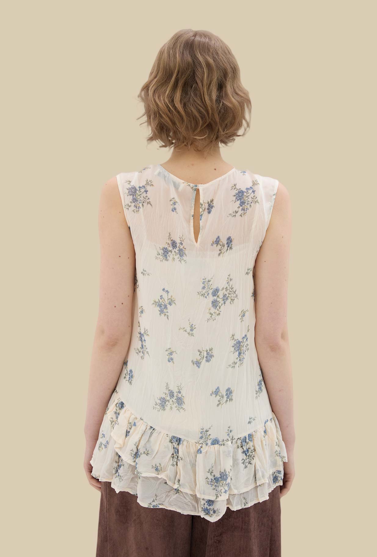 Ironed Pleated Top in Organza Sky Bouquet