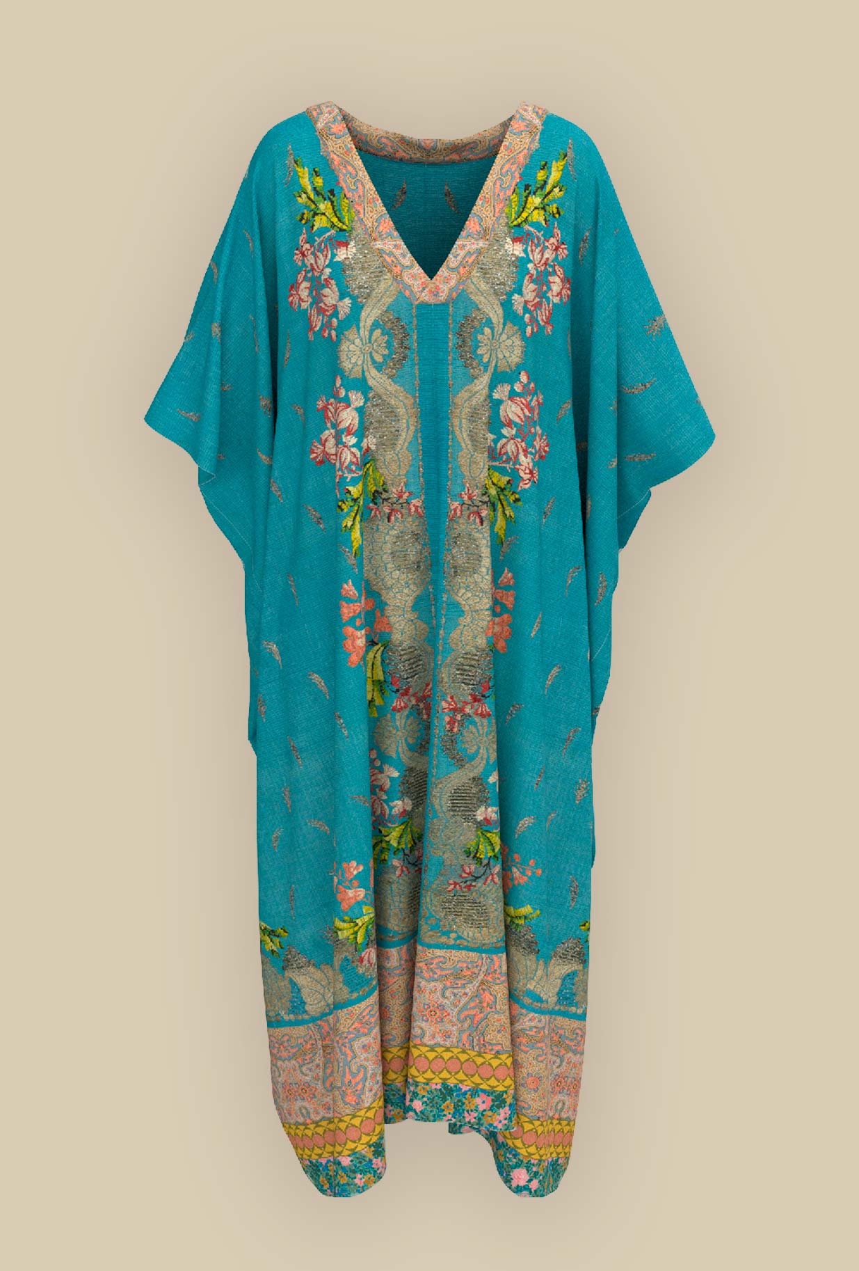 Caftano in seta Côte d’Azur Dream di Pierre Louis Mascia, avvolge la figura in un'aura sognante