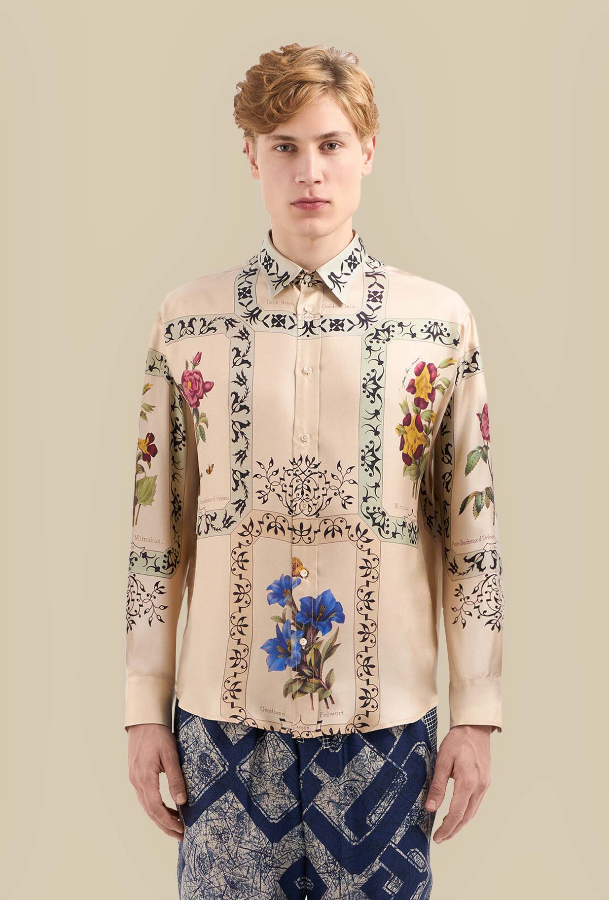 Pierre Louis Mascia Camicia Over Seta GOTS Big Flora Sable Floreale Italy