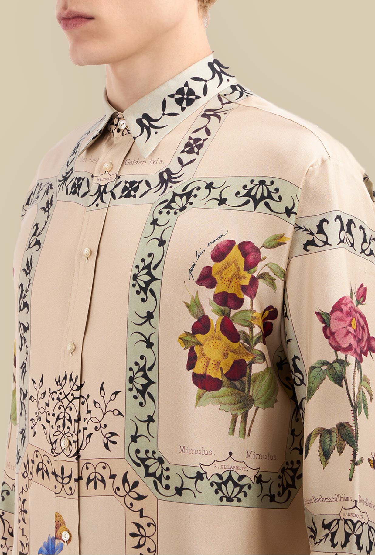 Pierre Louis Mascia Camicia Over Seta GOTS Big Flora Sable Floreale Italy
