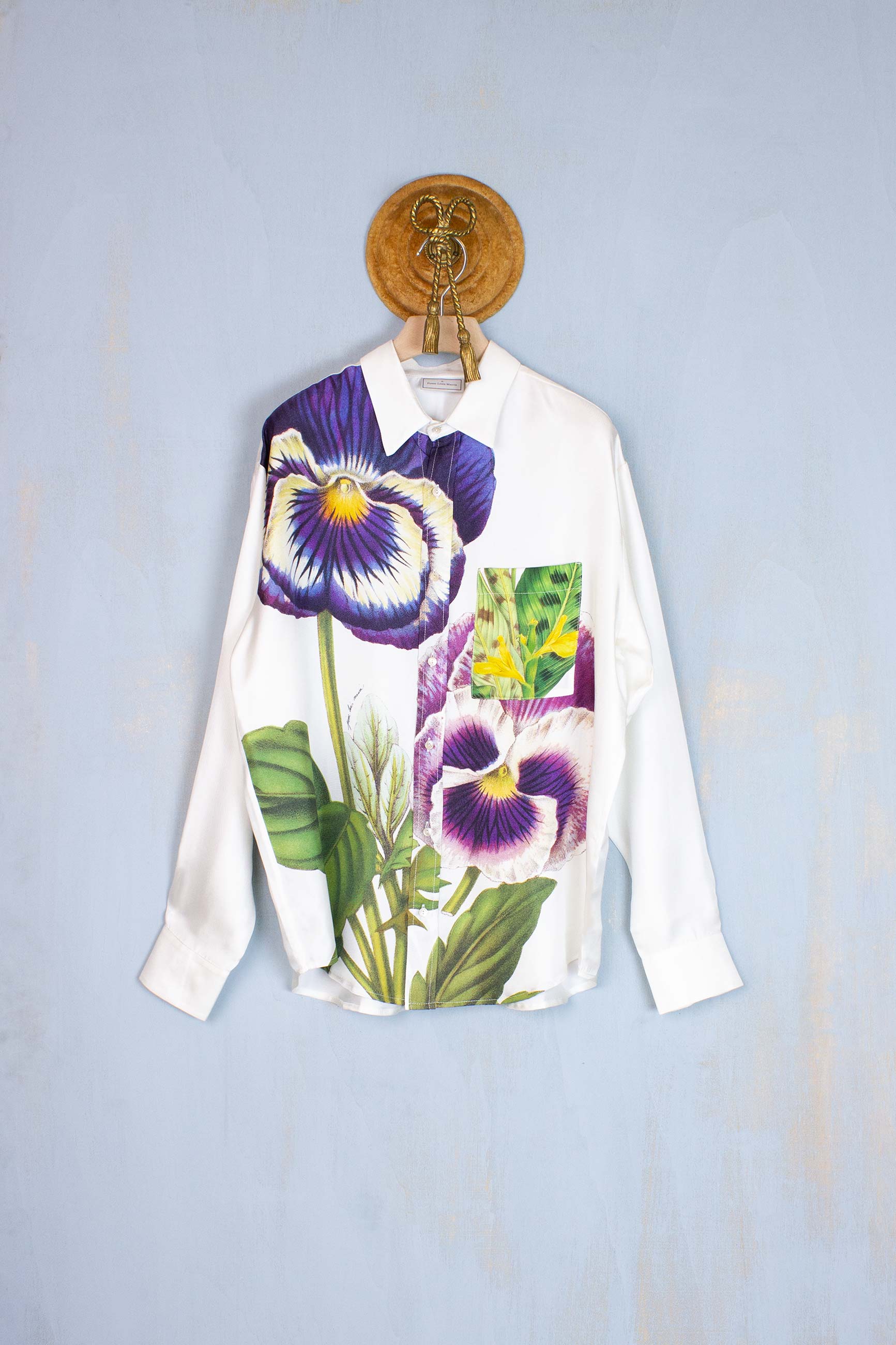 Pierre Louis Mascia PE23 Camicia Over in Seta organica stampa Botanica Violets