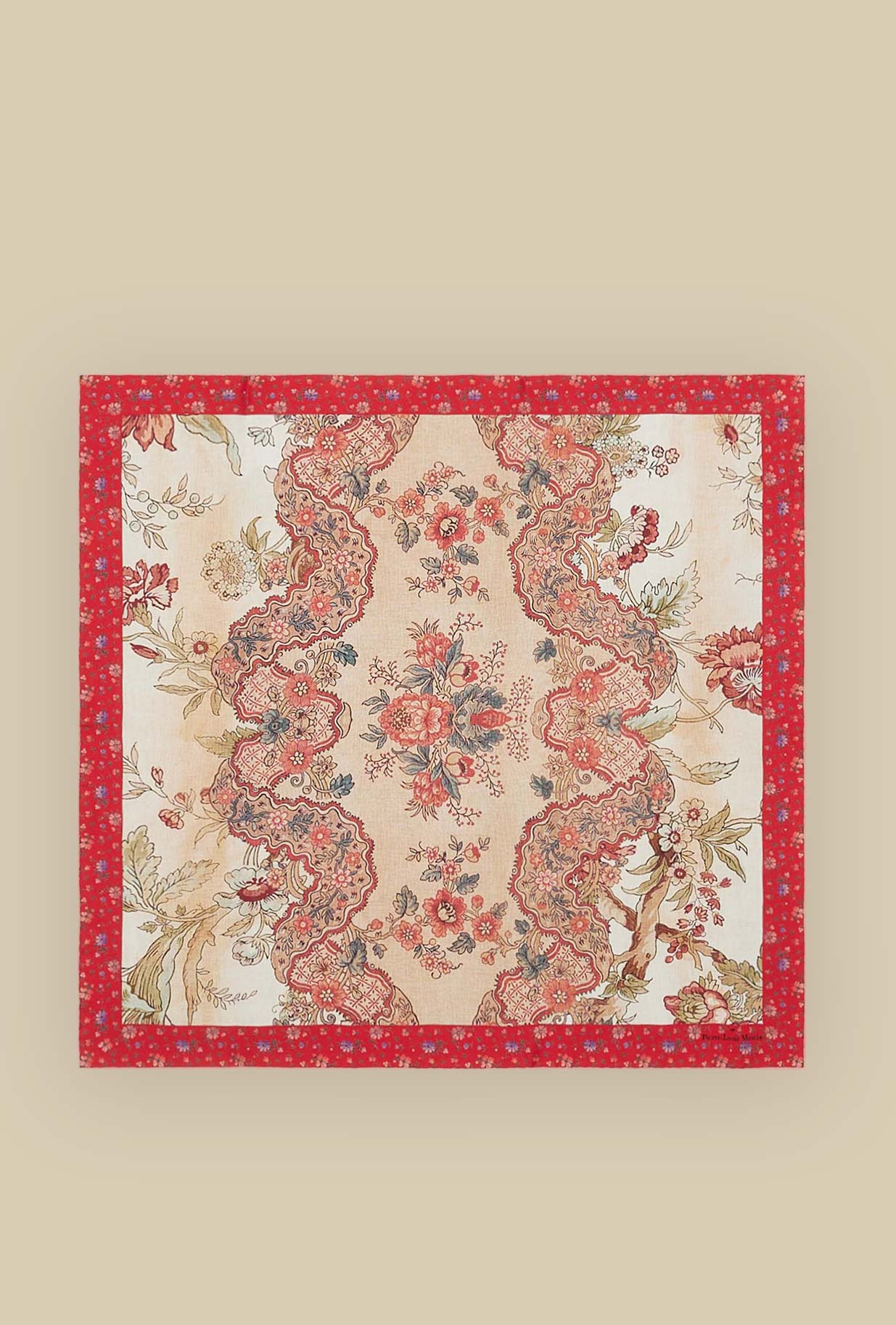 Foulard in seta Oriental Flowers della maison Pierre Louis Mascia, impreziosito da un vivace bordo rosso a contrasto