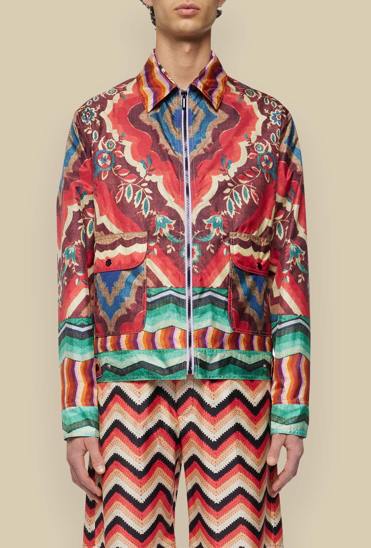 Giubbino in seta spalmata con zip stampa bohemia garden by pierre louis mascia stagione ss24