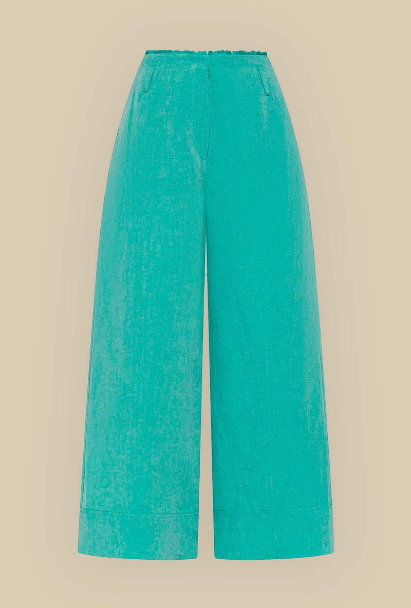 Il nuovo Panta Cropped Fringed di Niù viene proposto nella vivace tonalità Ular