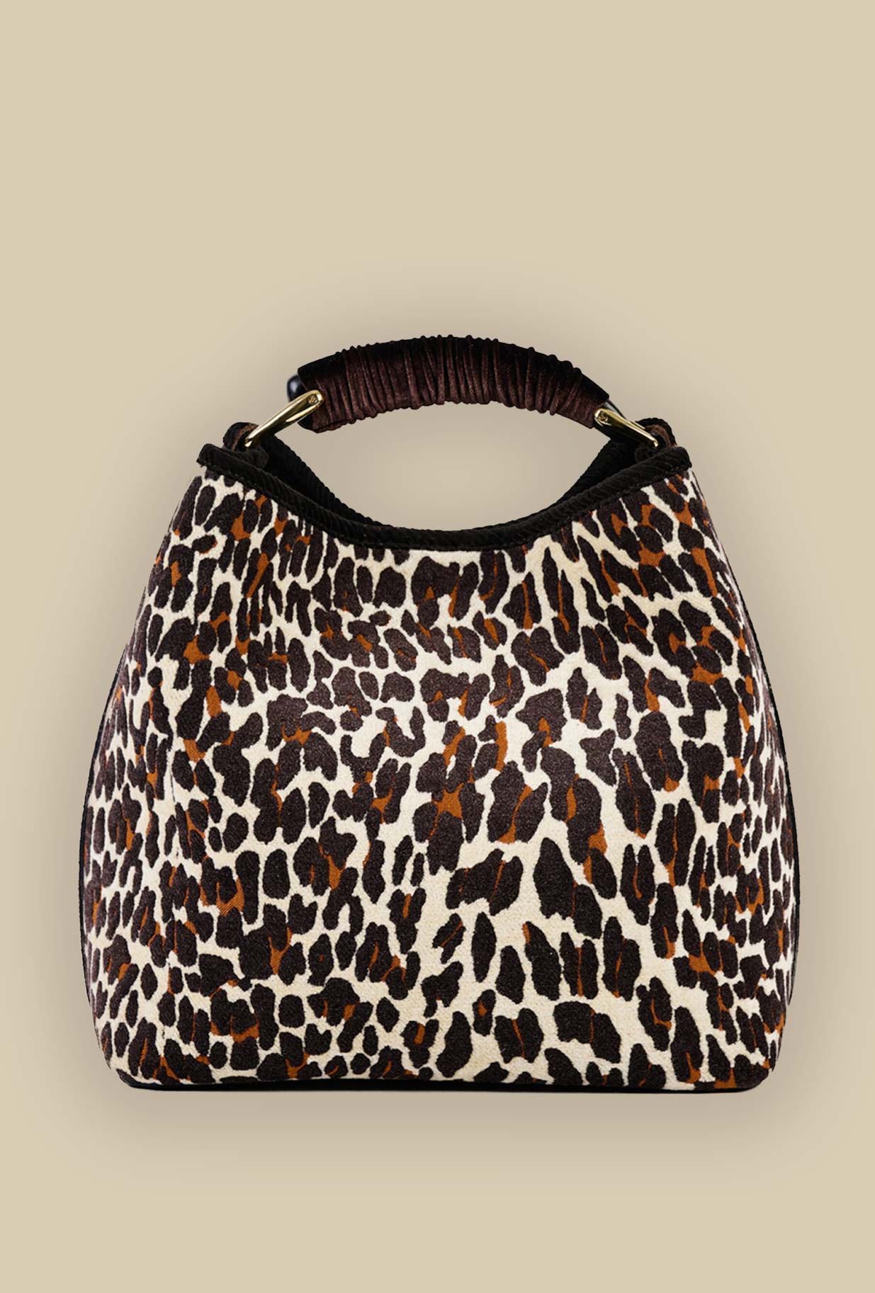 Borsa secchiello coral chenille della maison Via Mail Bag in velluto intreccio color leopard brown donna