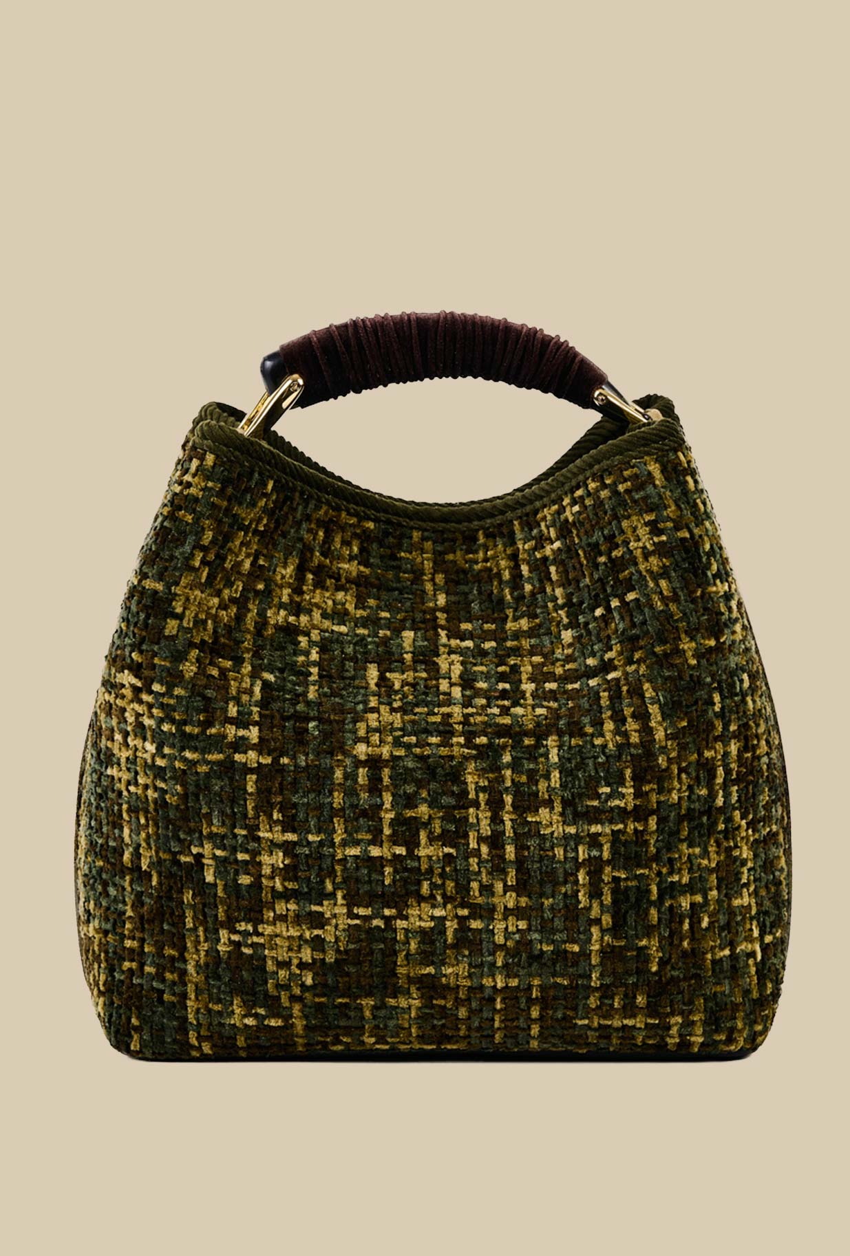 Borsa secchiello coral chenille della maison Via Mail Bag in velluto intreccio color forest donna