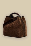 Borsa secchiello coral chenille della maison Via Mail Bag in velluto intreccio color chocolate donna