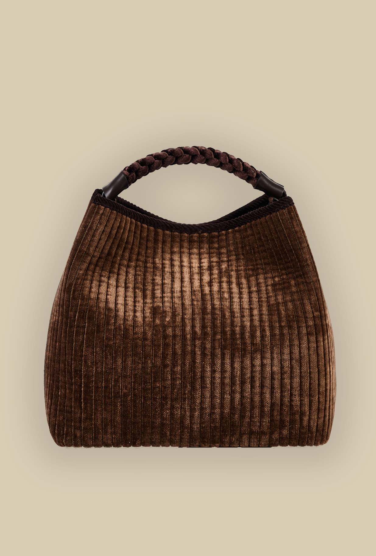 Borsa secchiello coral chenille della maison Via Mail Bag in velluto intreccio color chocolate donna
