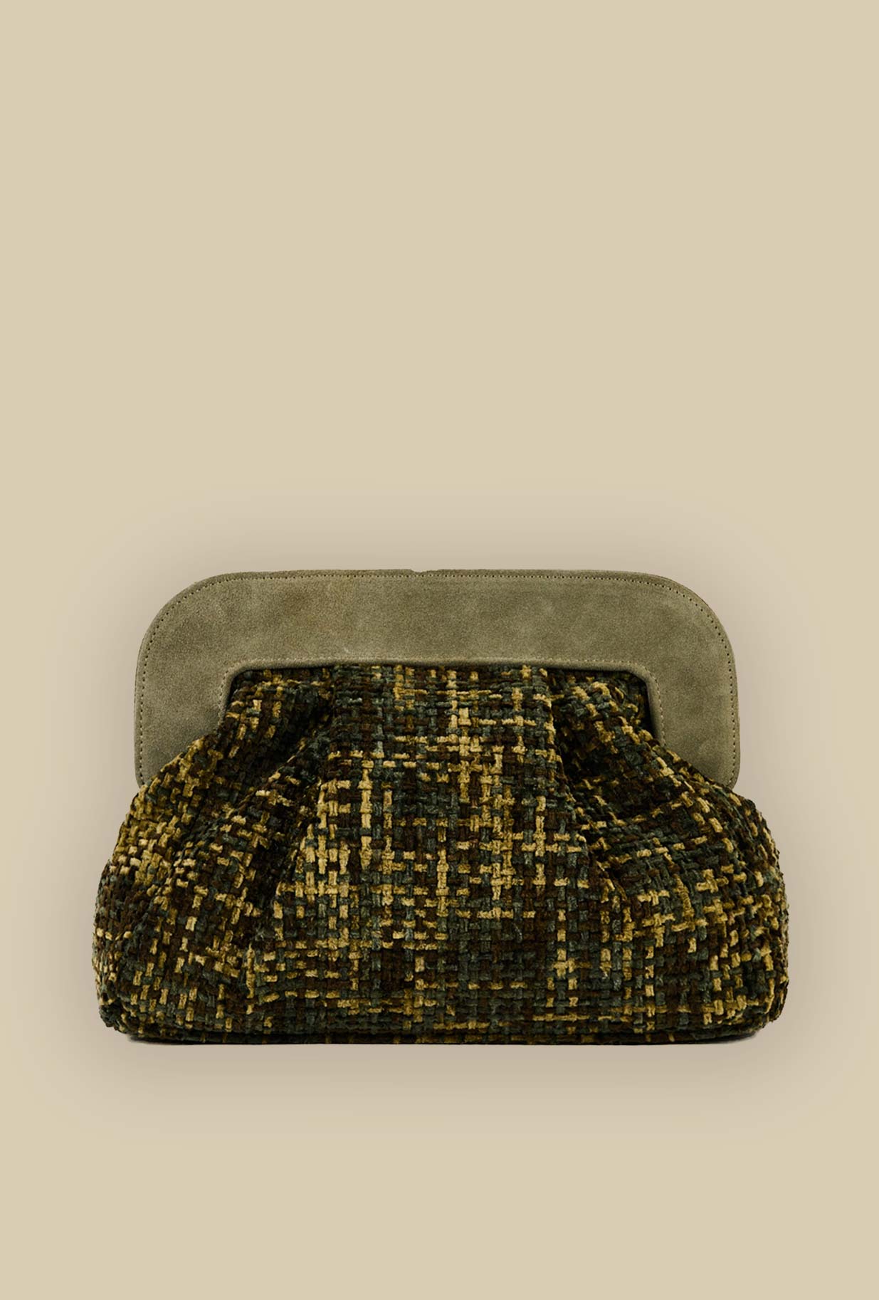 Borsa clouch dora chenille della maison Via Mail Bag in velluto intreccio color military green donna
