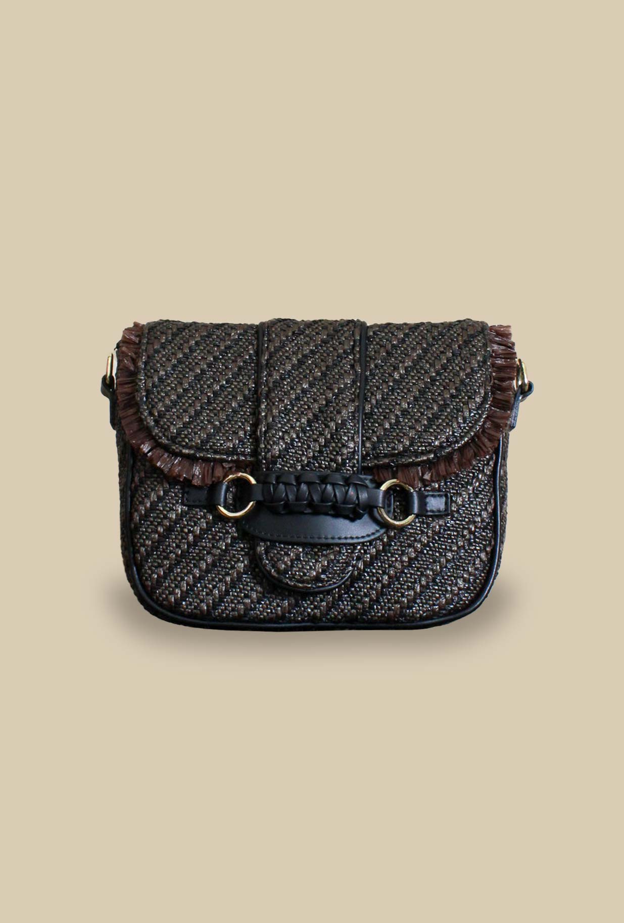 Borsa a mano con tracolla in pelle in rafia jacquard chocolat di via mail bag