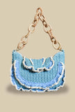 Borsa a spalla in crochet di rafia blue sky di via mail bag con manico chain in rafia