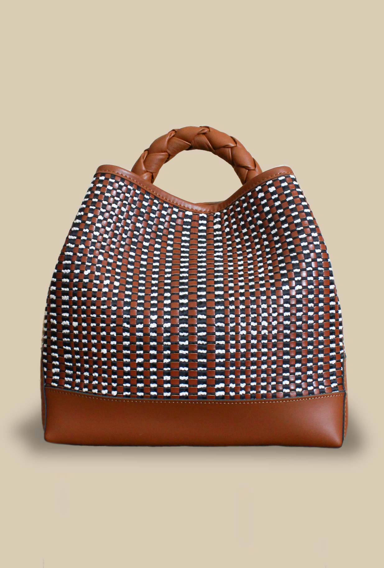 Borsa secchiello da donna di via mail bag con manico in pelle e tracolla jaquard